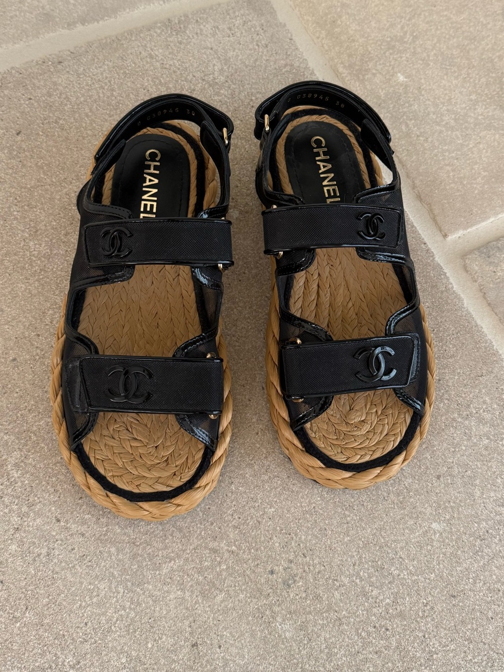Chanel mesh patent sandals 38
